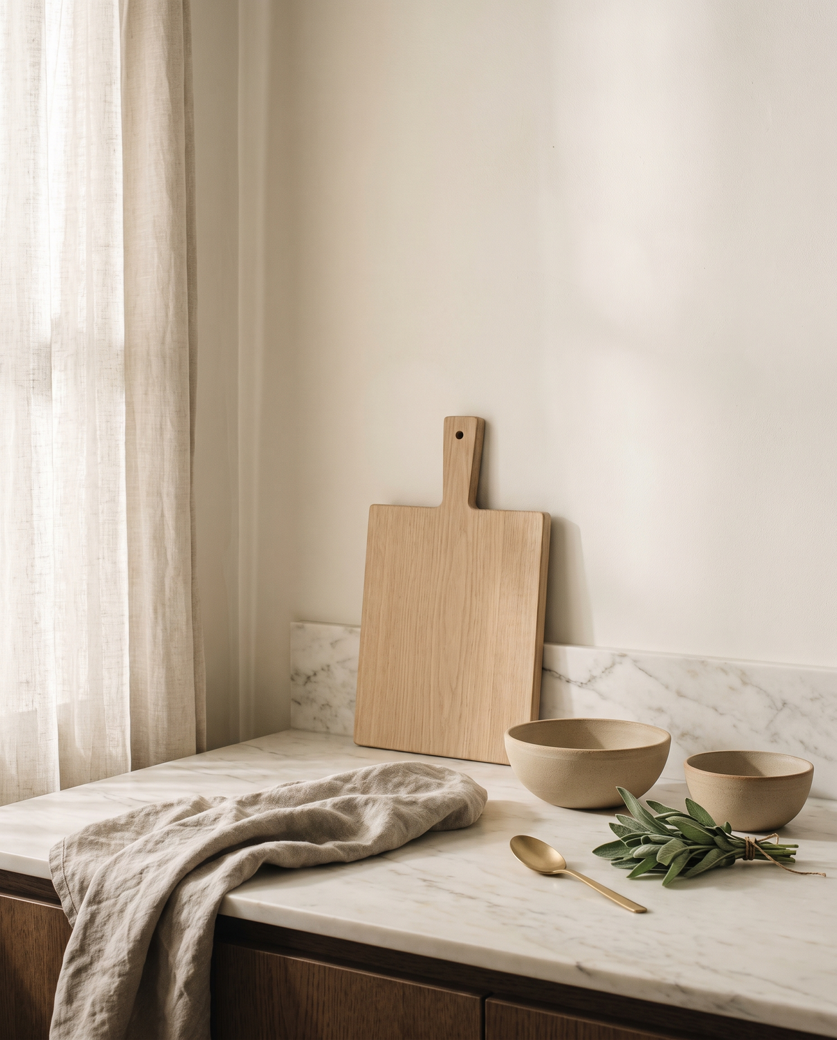 Cream marble kitchen corner with oak board, stoneware bowls and linen in soft morning light