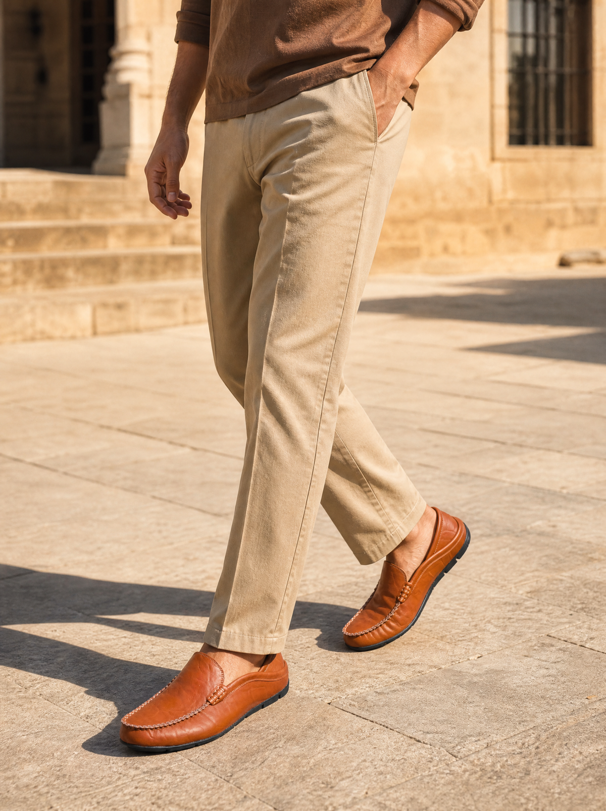 Brown leather loafers worn mid-stride