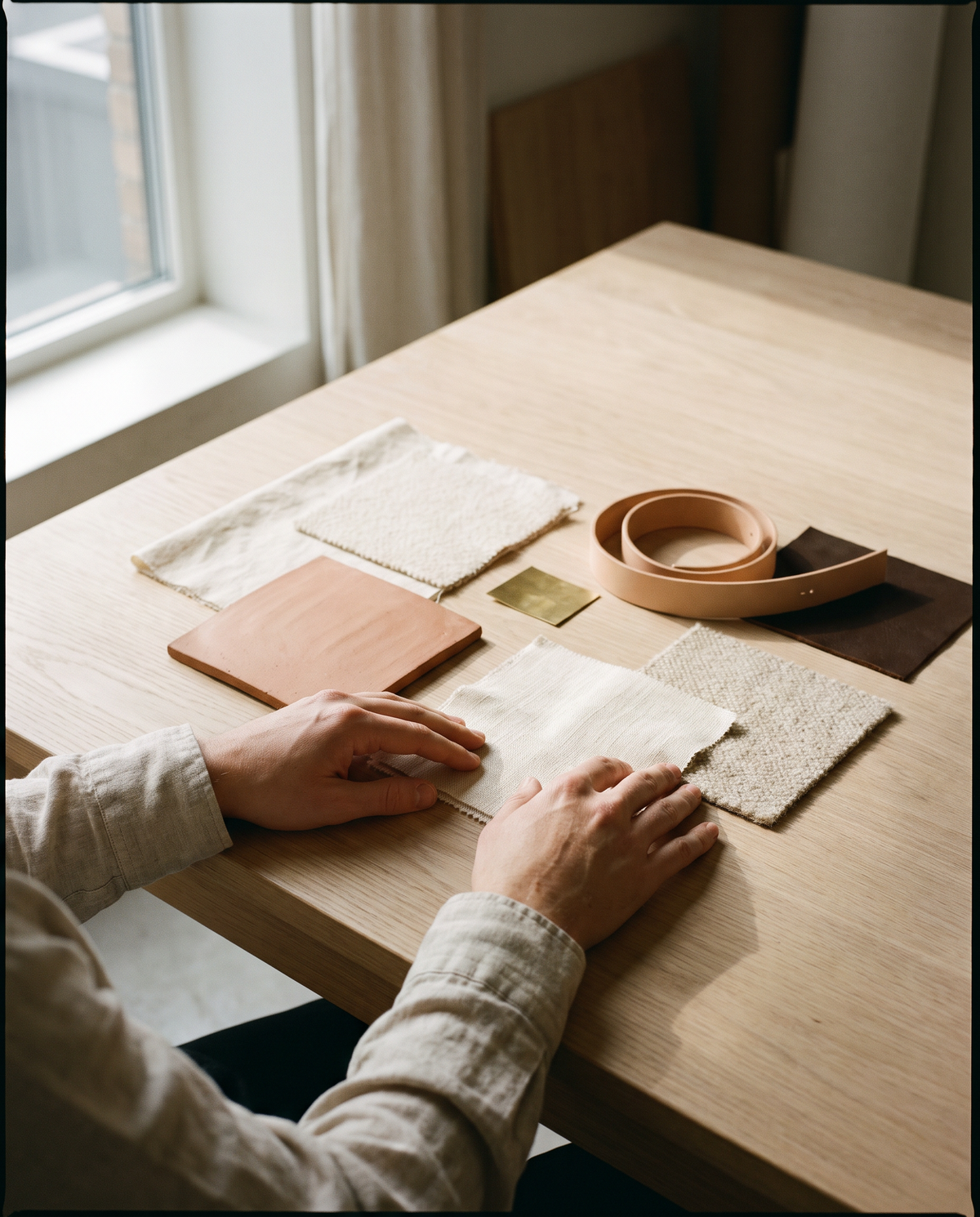 Material samples of linen, wool, ceramic and leather laid out on a studio workbench