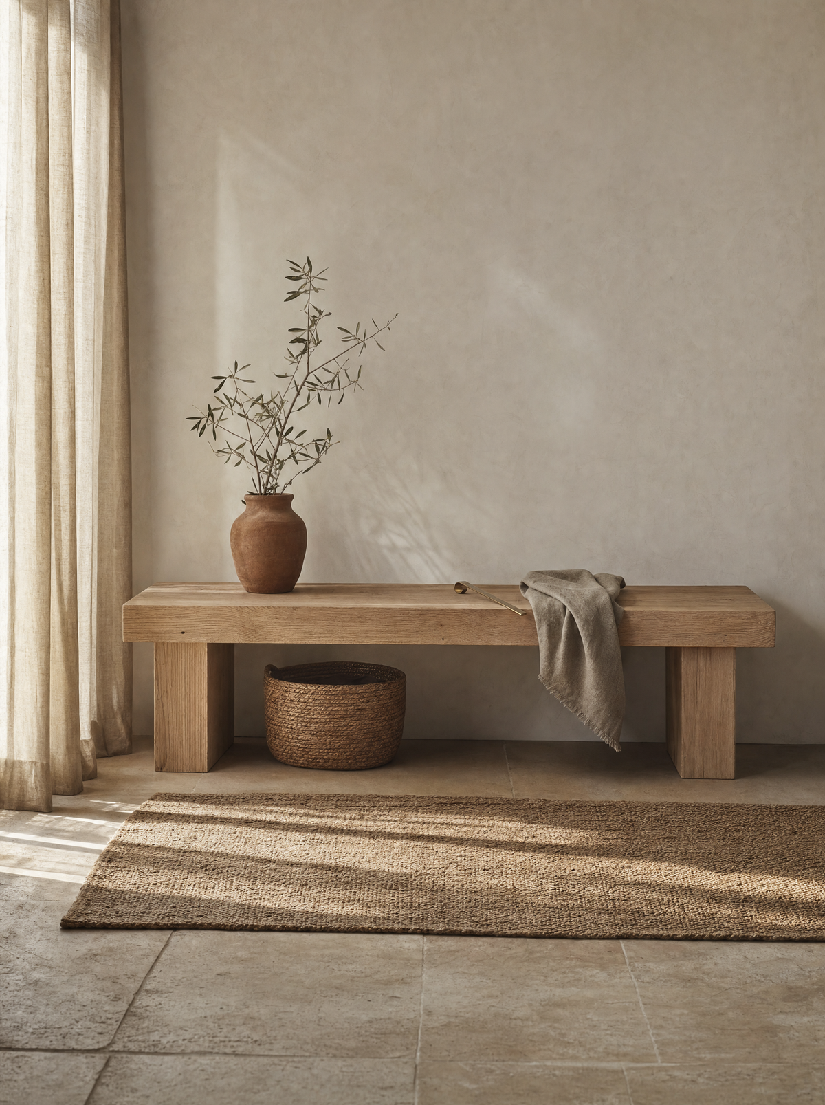 Limewashed entryway with an oak bench, olive branch in a terracotta vase and a jute rug in soft daylight