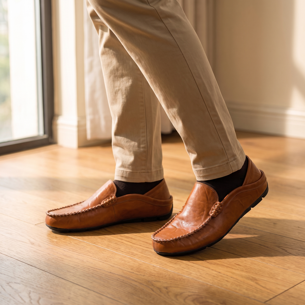 Brown leather loafers worn with chinos on oak flooring, natural light