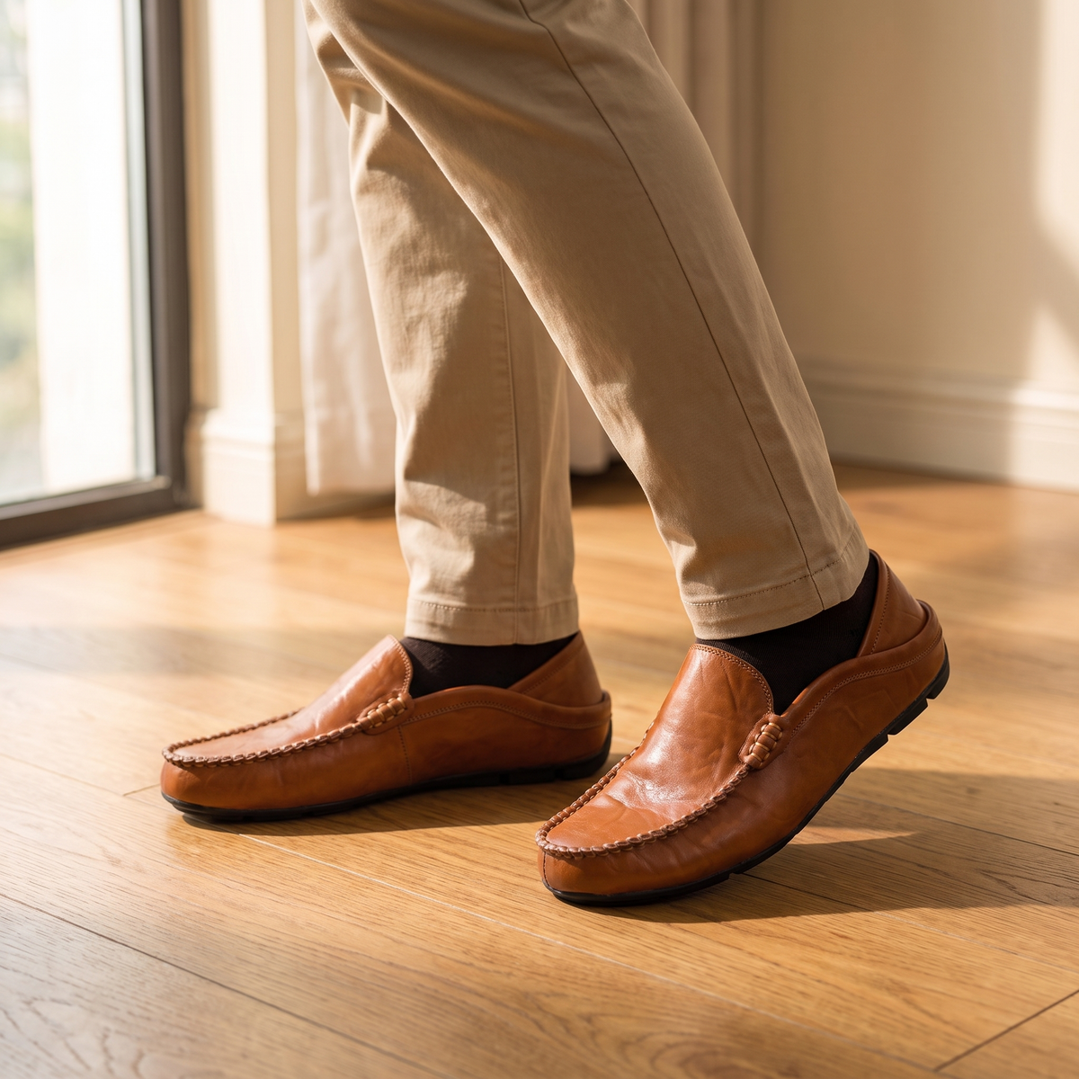 Brown leather loafers worn with chinos on oak flooring, natural light