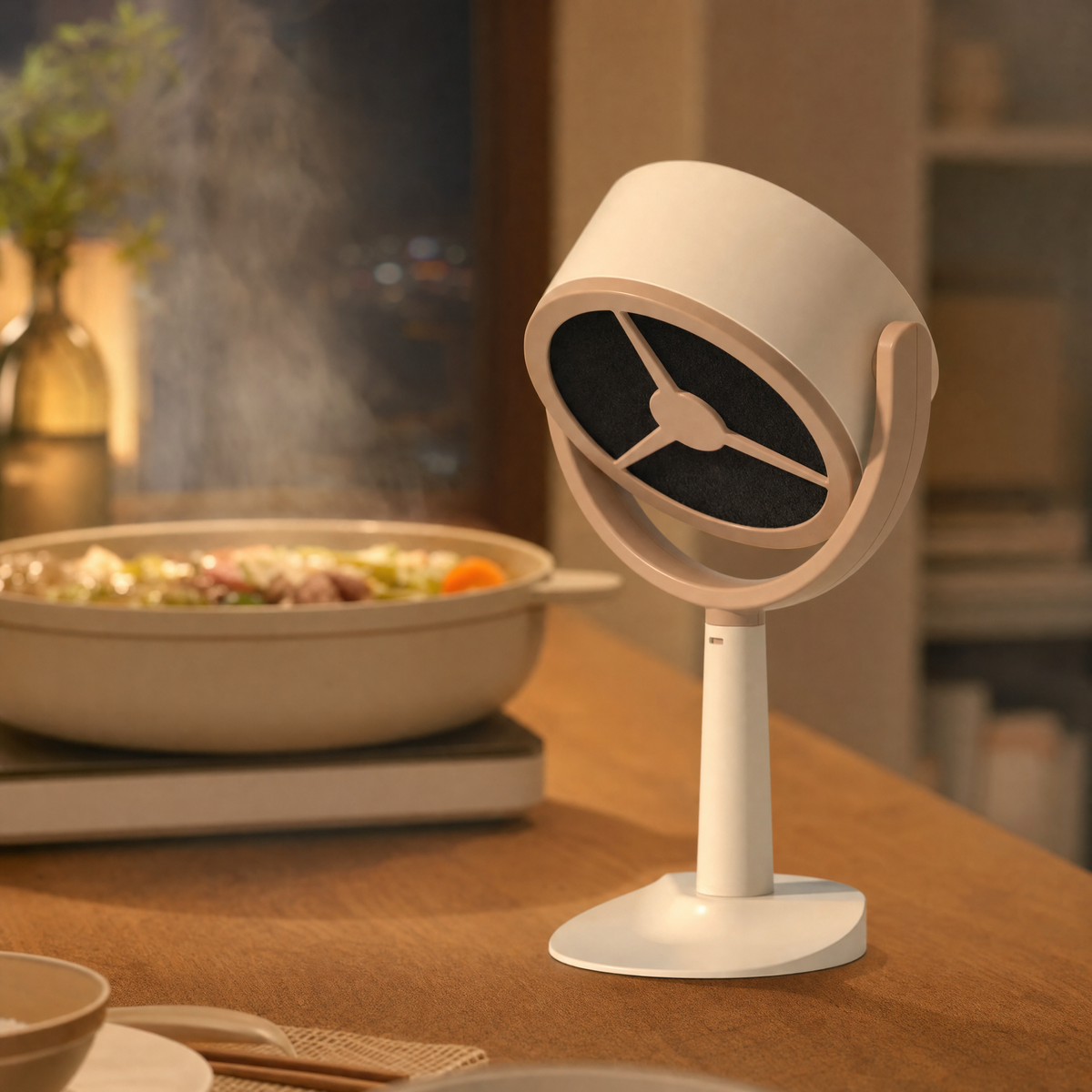 Portable USB desktop range hood beside a steaming hot pot on a dining table at evening
