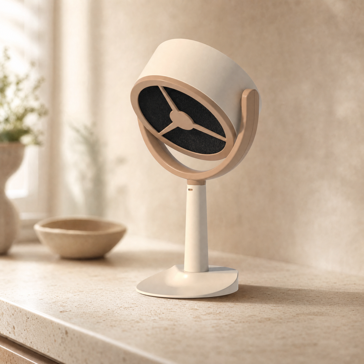 Portable USB desktop range hood on a cream stone kitchen counter in soft morning light