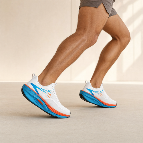 White Orange air-cushion running shoe worn by a runner, cream studio backdrop