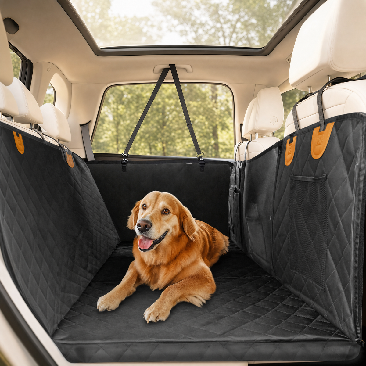 Golden retriever lying on the waterproof dog car seat cover across a car back seat