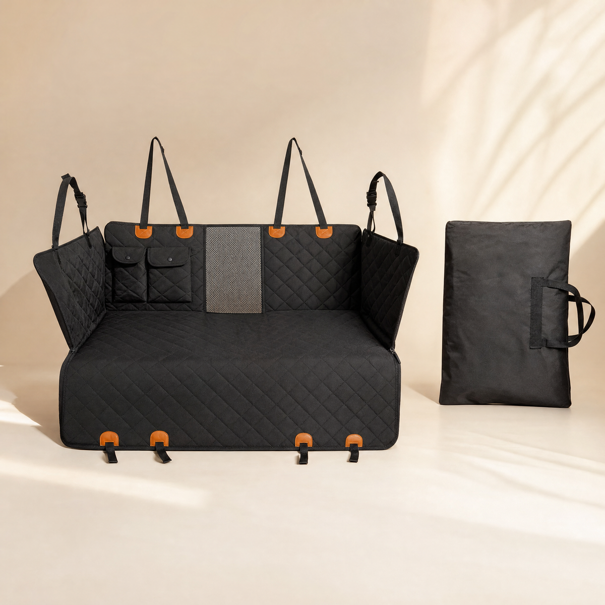 Dog car seat cover shown with its included storage case