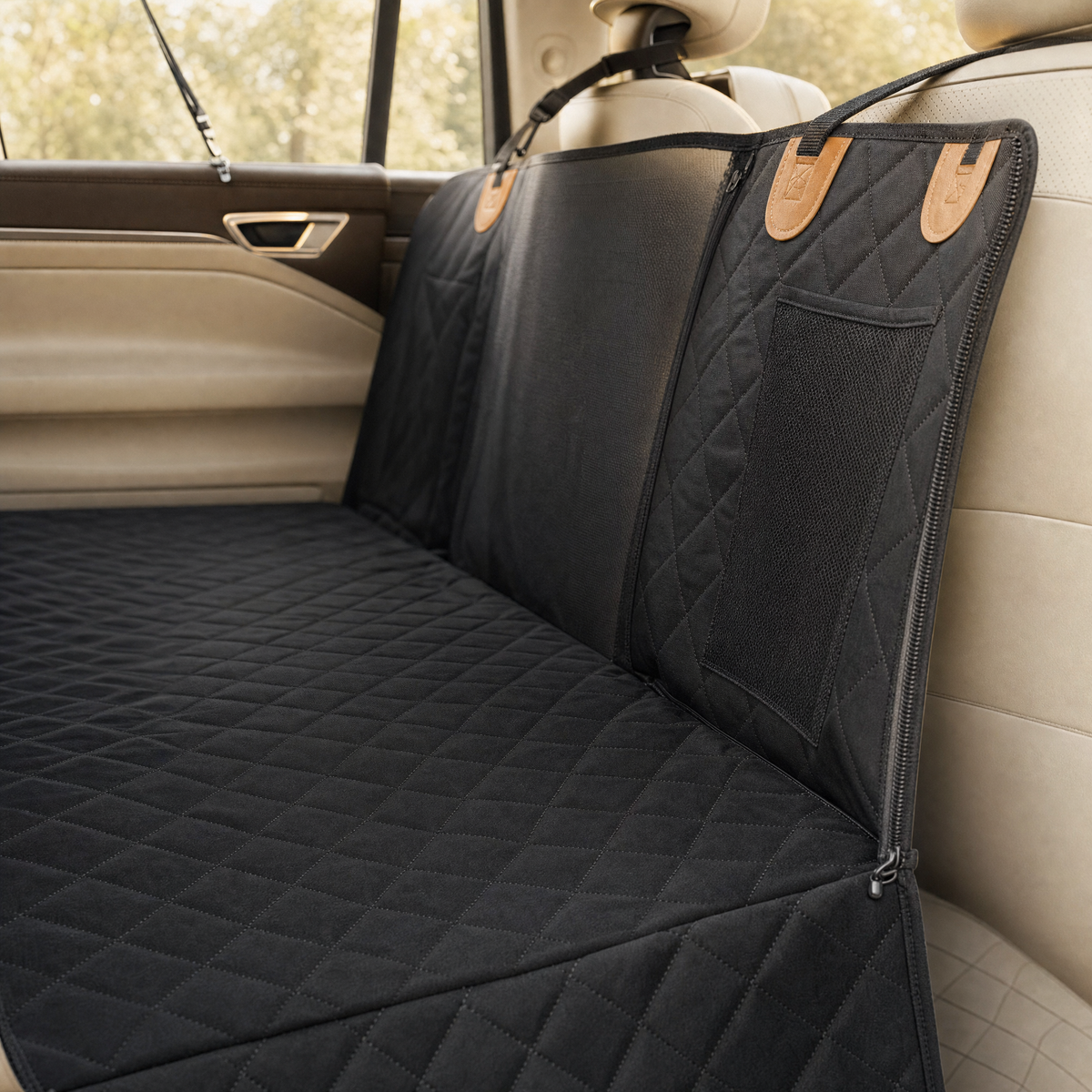 Foldable side flap with zipper on the quilted dog car back seat extender