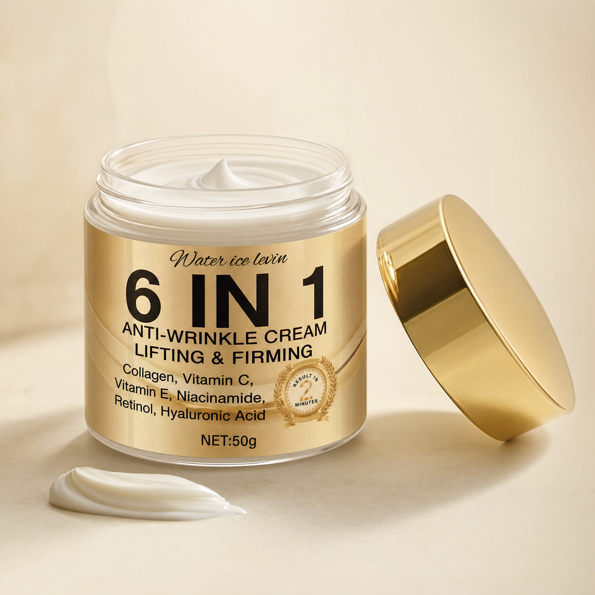 Open jar showing the cream texture with a swatch beside it
