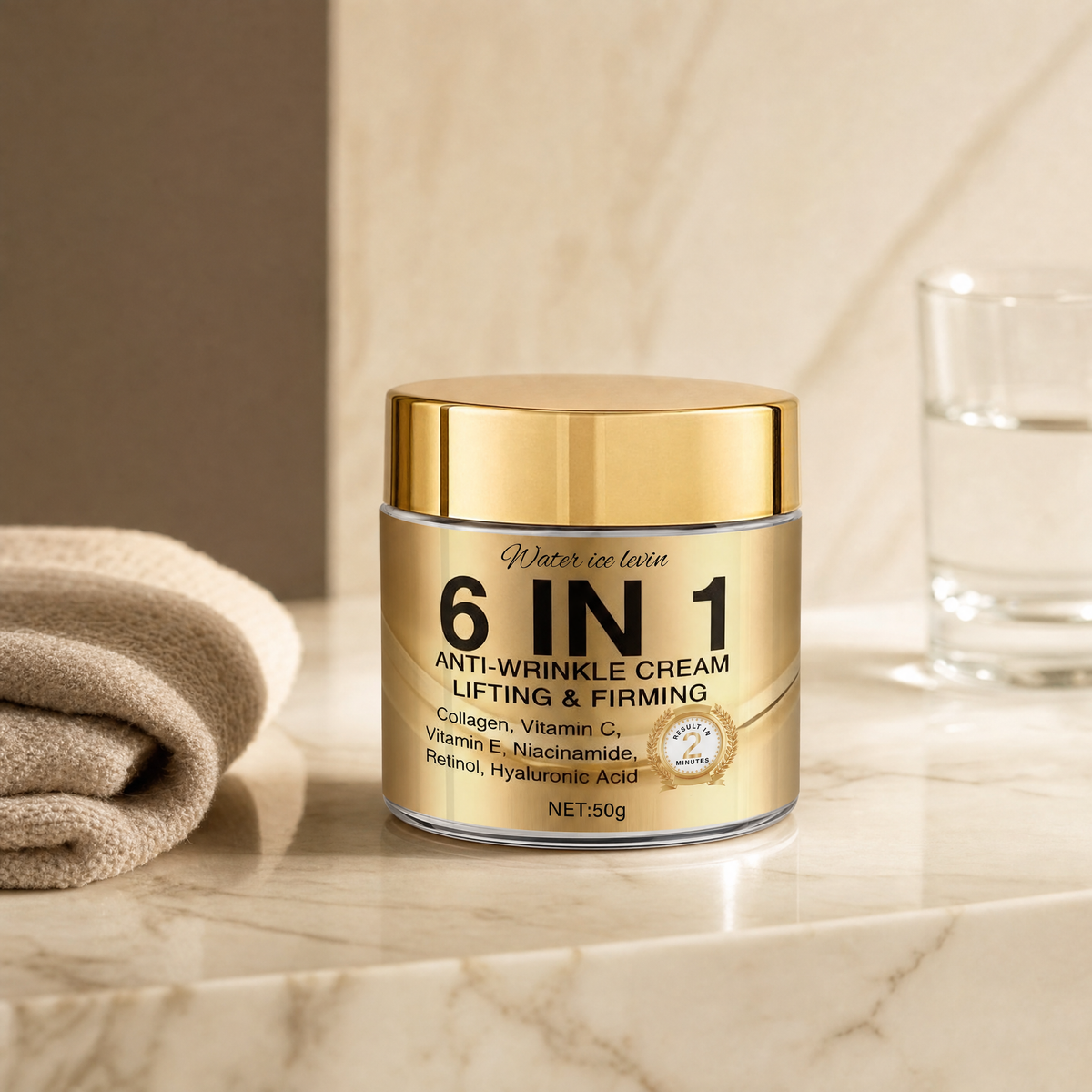 Anti-wrinkle cream jar on a marble bathroom counter