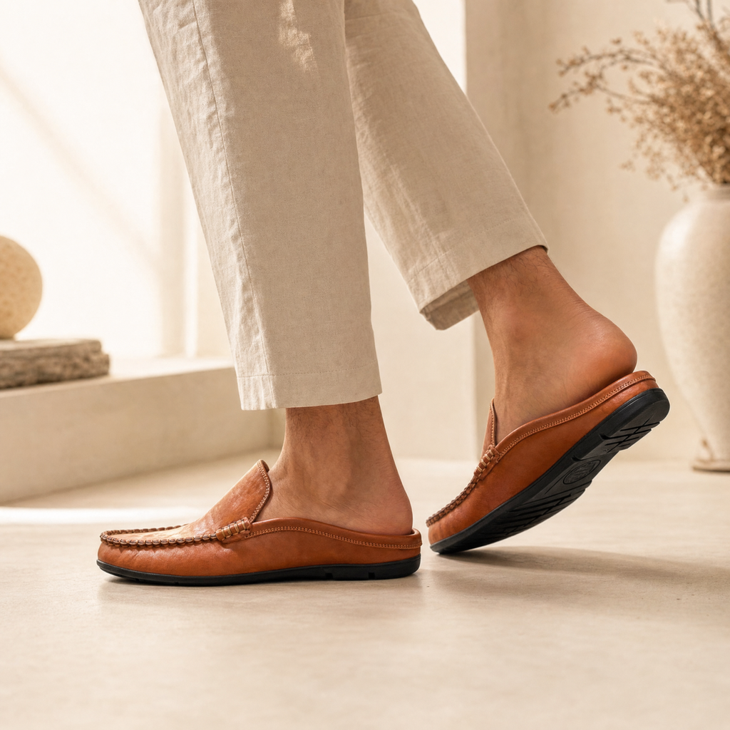 Brown leather loafers worn mule-style mid-step, collapsed heel visible