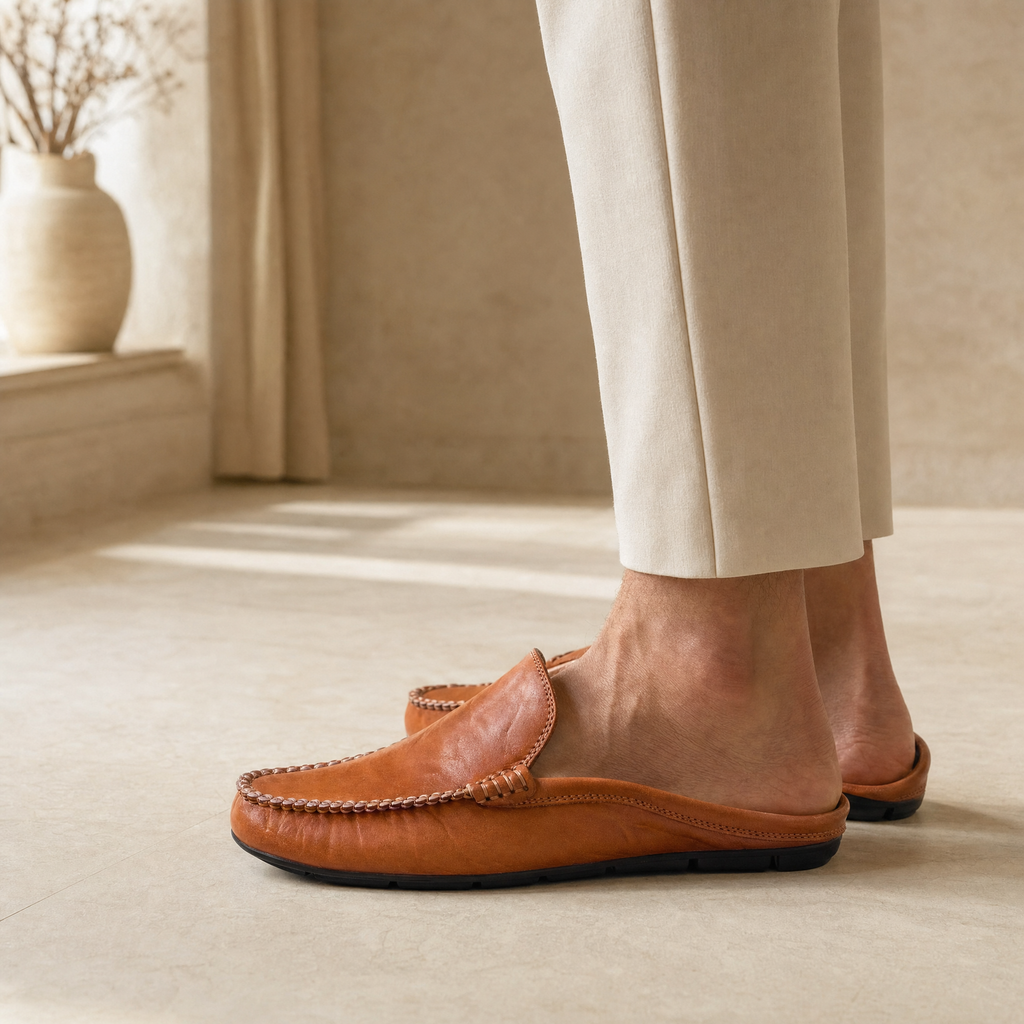 Brown leather loafer worn as a backless mule with the heel folded down