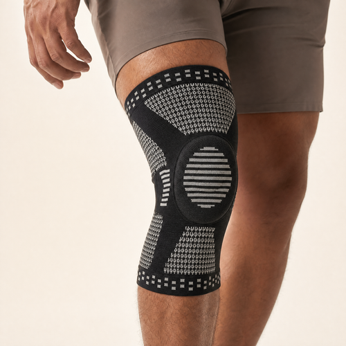 Black compression knee sleeve with silicone patella pad worn by athlete