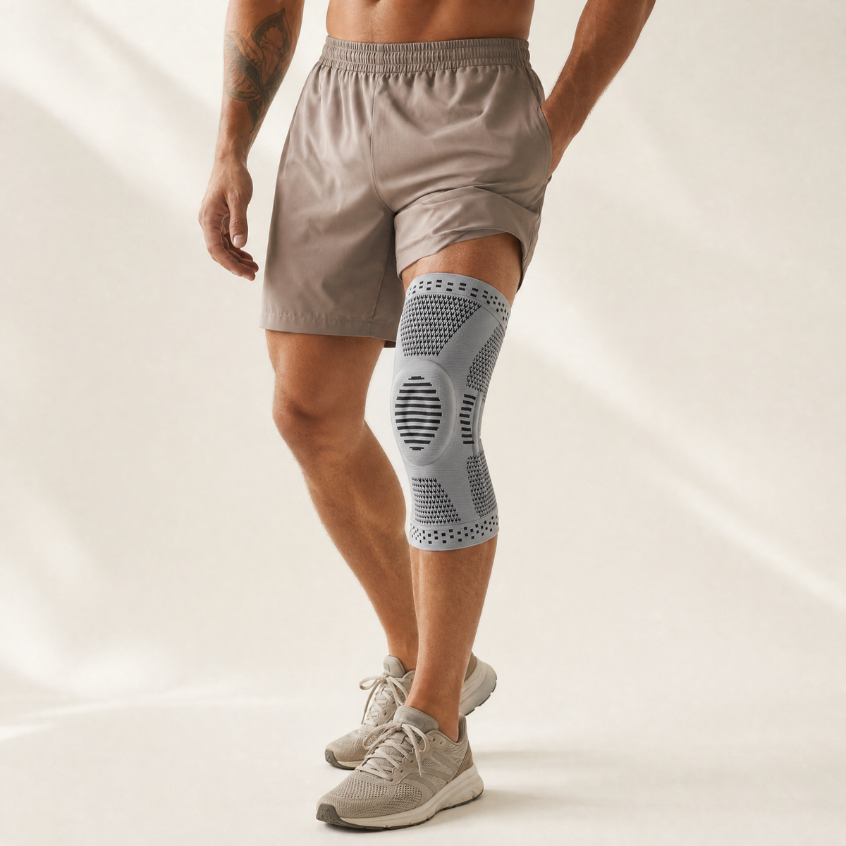 Grey compression knee sleeve with silicone patella pad worn by athlete