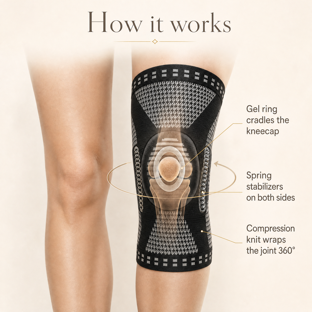 How the compression knee sleeve works: gel ring cradles the kneecap, spring stabilizers on both sides, compression knit wraps the joint 360 degrees