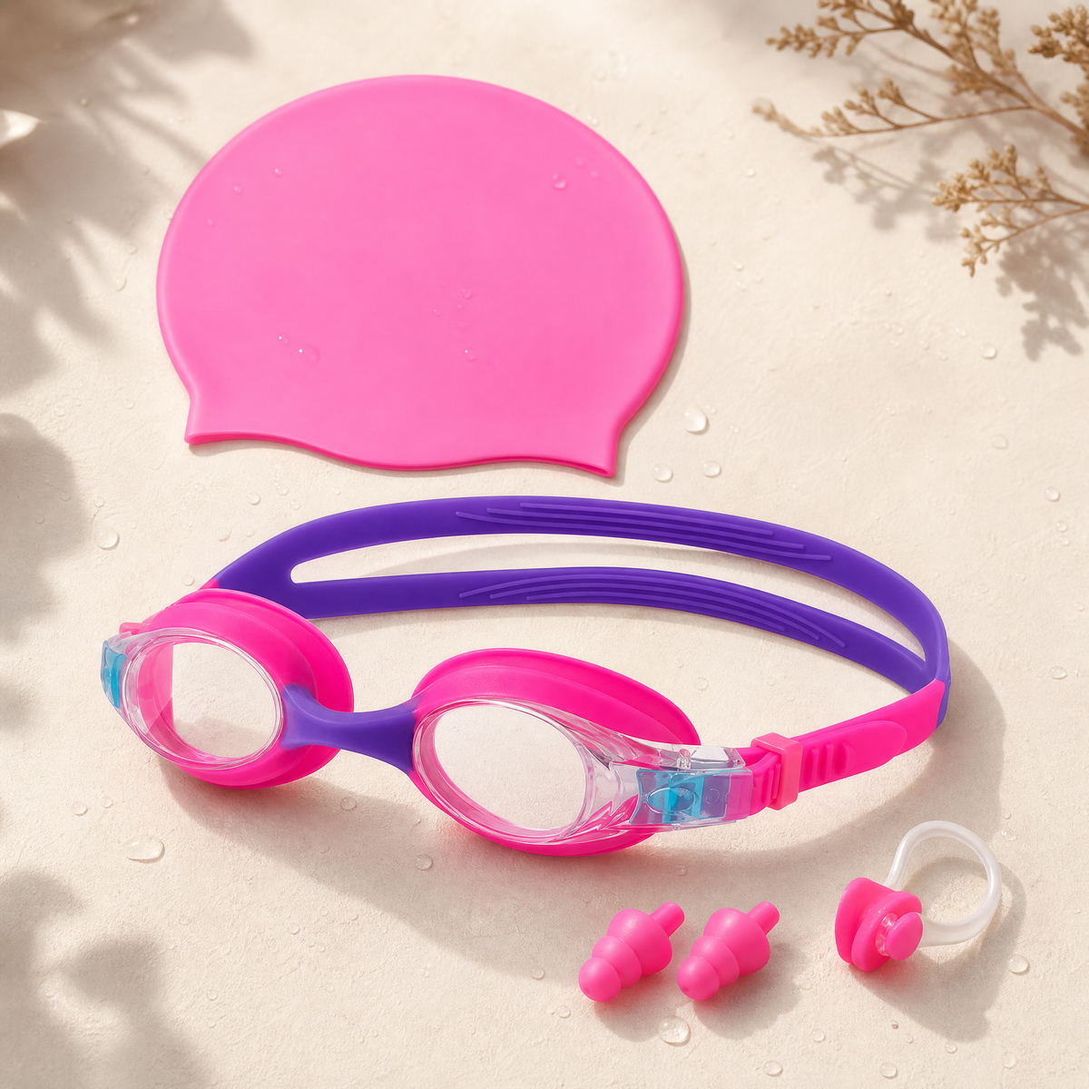 Pink kids swim goggles set with pink silicone swim cap, nose clip and earplugs