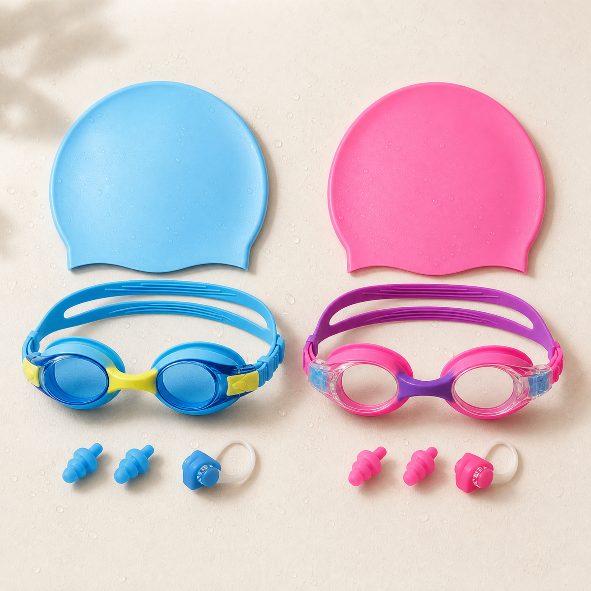 Blue + Pink bundle: two complete kids swim goggles sets with silicone swim caps, nose clips and earplugs