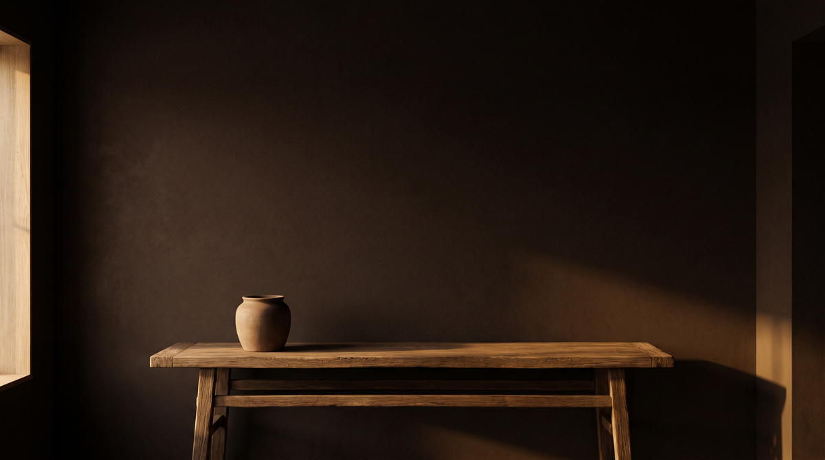 Dim espresso-toned room at dusk with a sliver of golden light across an oak surface