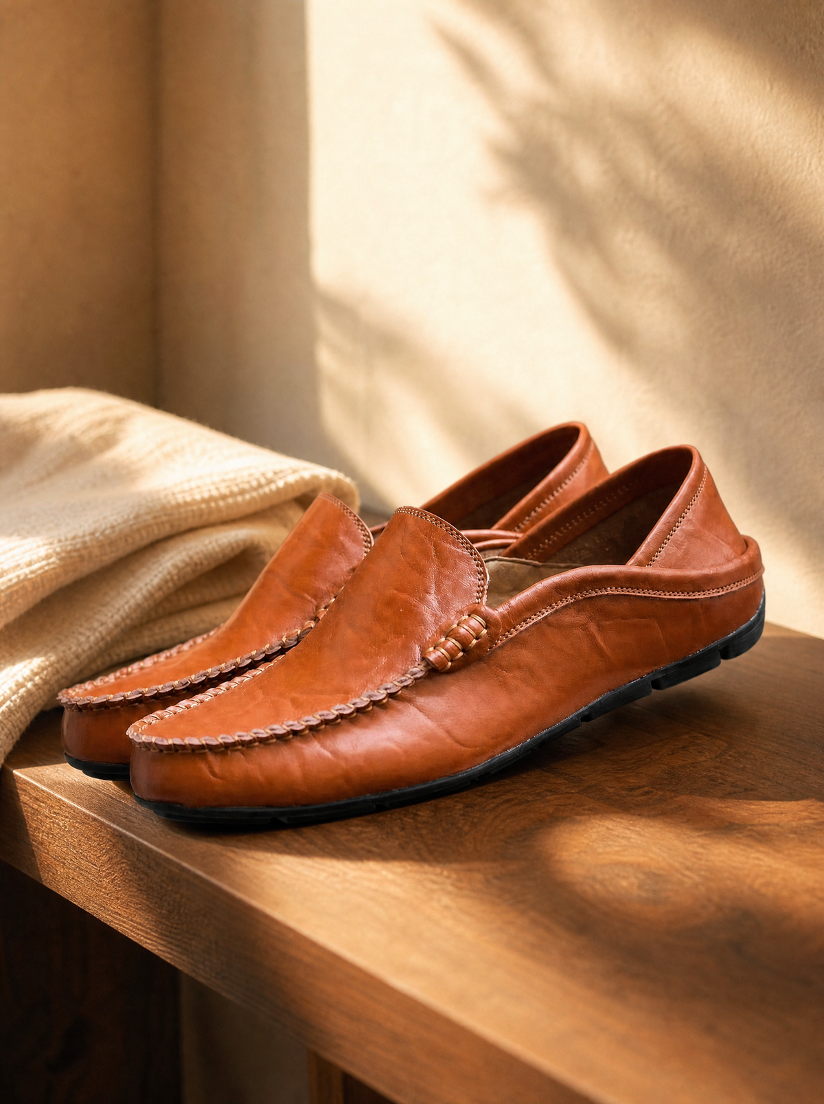 Loafers resting on an oak shelf beside a cotton cloth