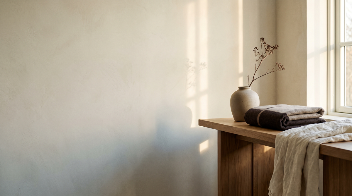 Sunlit corner of a warm minimalist home with an oak console, linen throw and a stoneware vessel