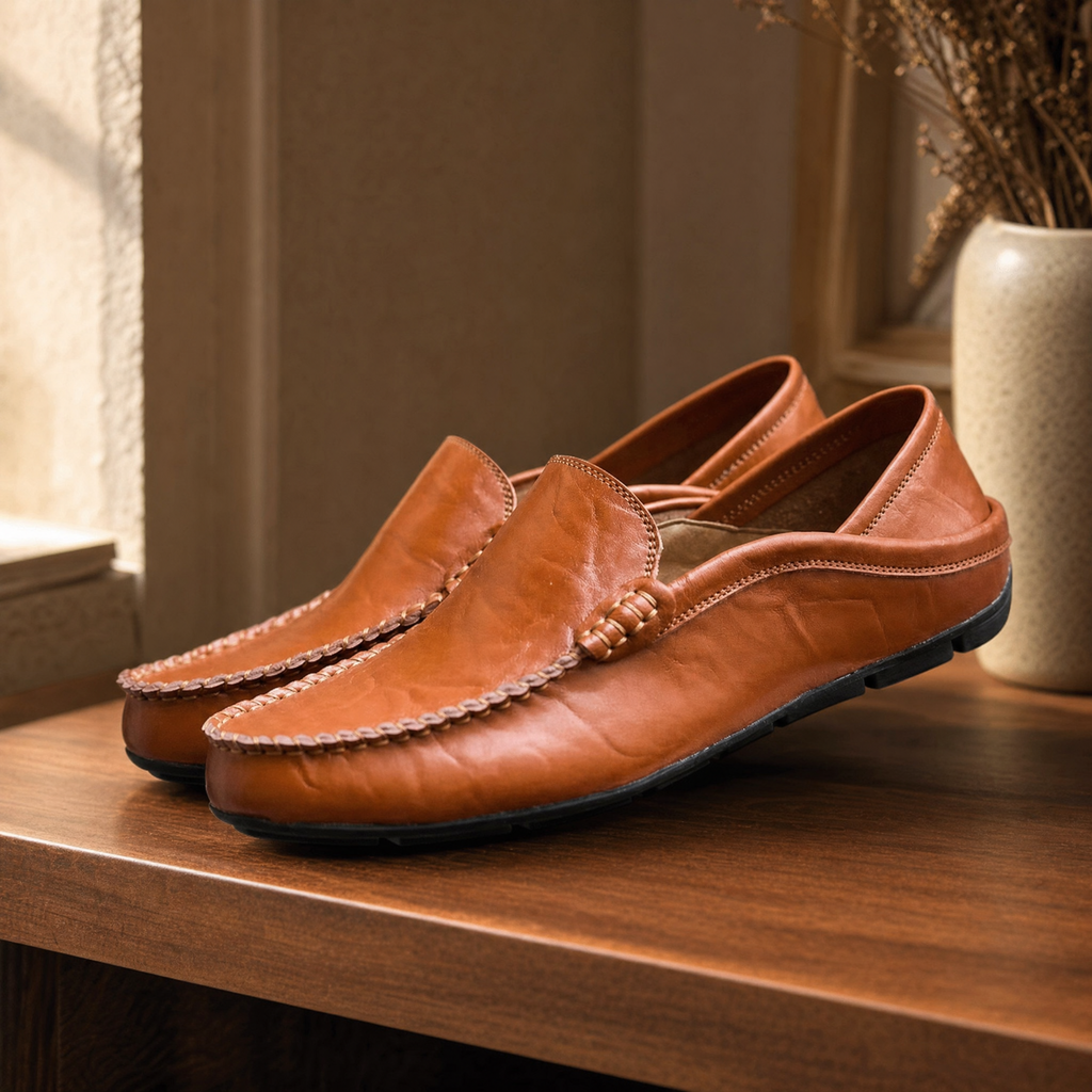 Brown genuine leather loafer, cinematic boutique lighting